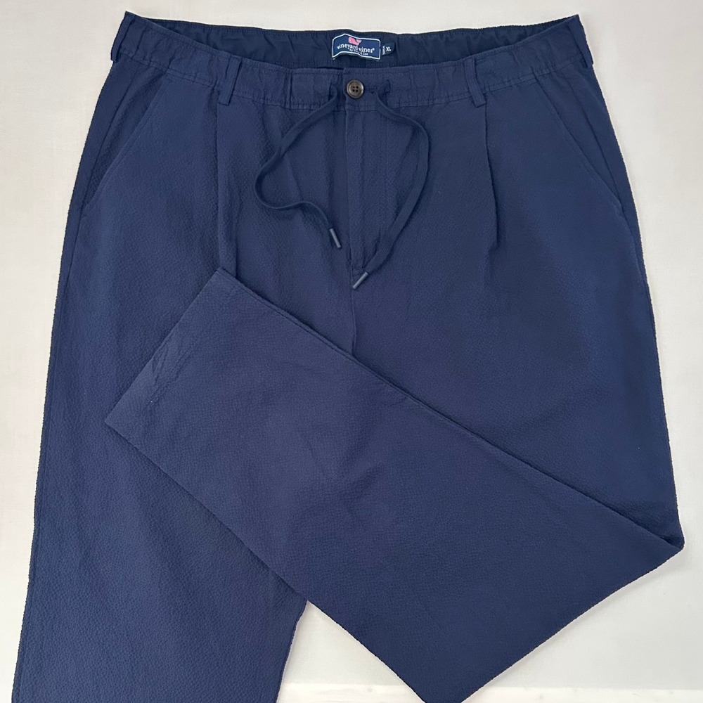 Vineyard Vines Pants Mens XL Navy Blue Seersucker Pleated Elastic Waist Tapered